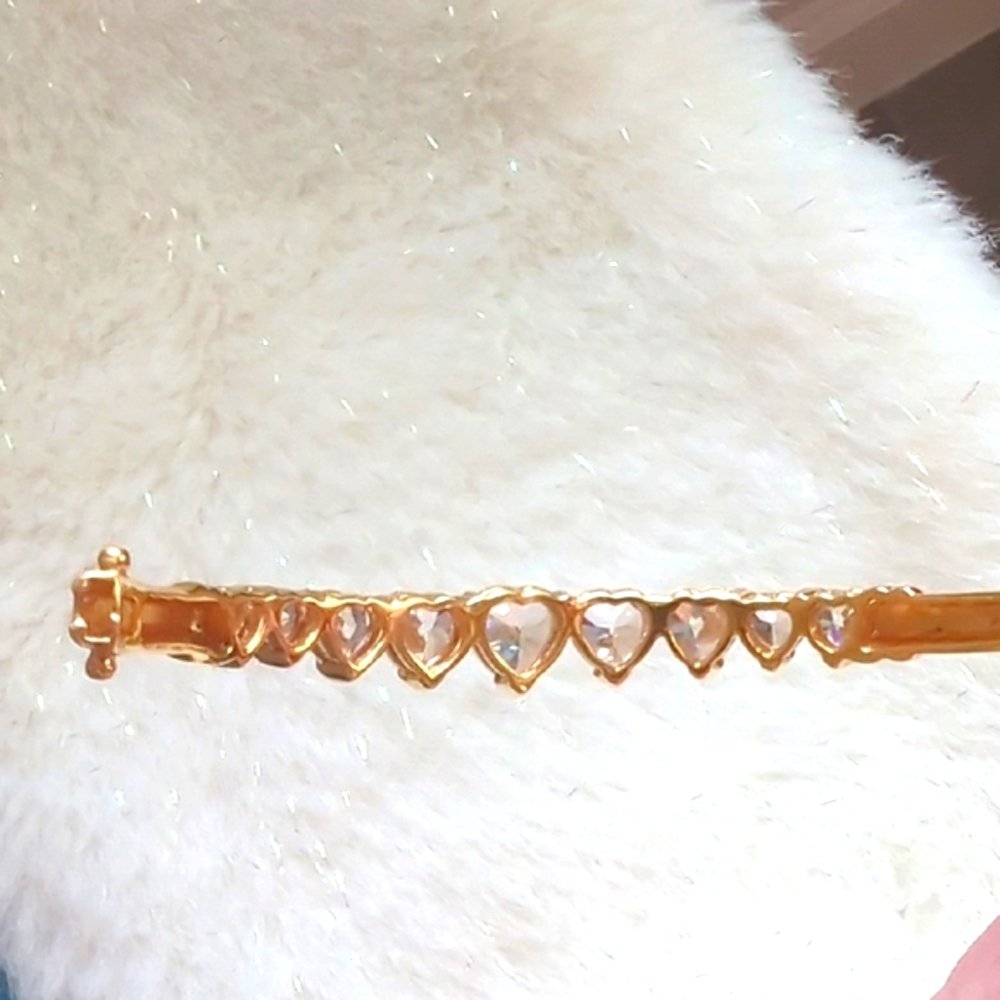 Vintage 1980s Gold Vermeil Sterling Silver Heart CZ Bangle Marked 925 Heirloom - Picture 4 of 13